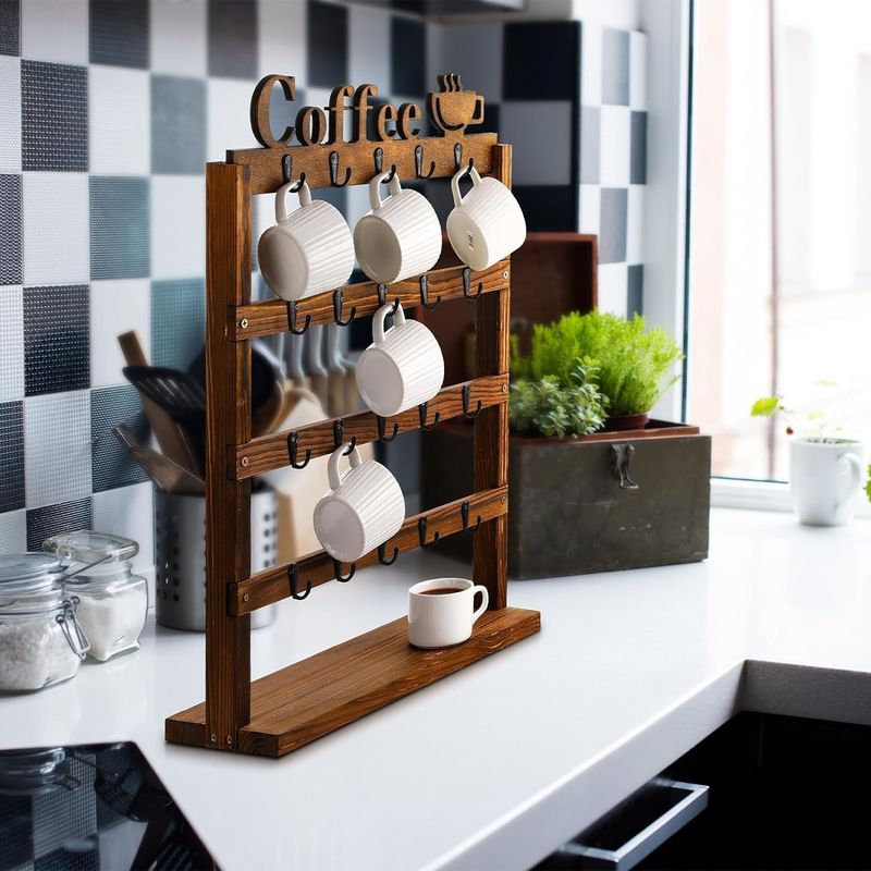 Rustieke Vintage Hout Koffiebottel Opberging Rack 4 Tier Houten Teller Top Cup Holder