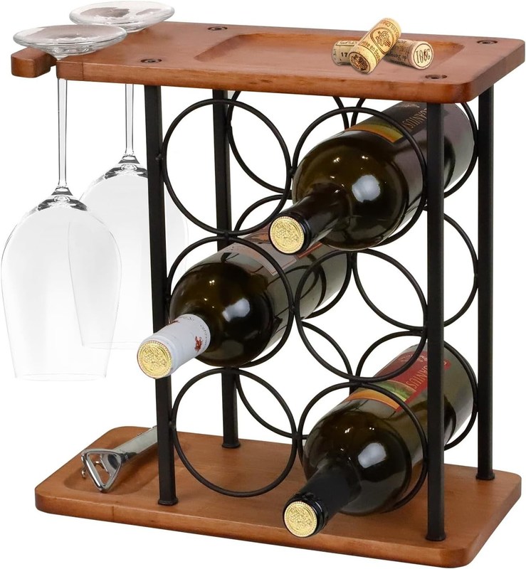 Houten tafelwijnrek met dienblad met dienblad, met 6 flessen en 2 glazen