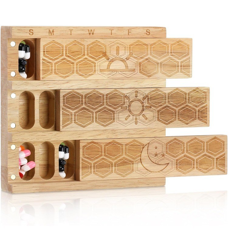 Compact hout wekelijkse pillen organisator houder dagelijkse dispenser pillen sorter pillen containers