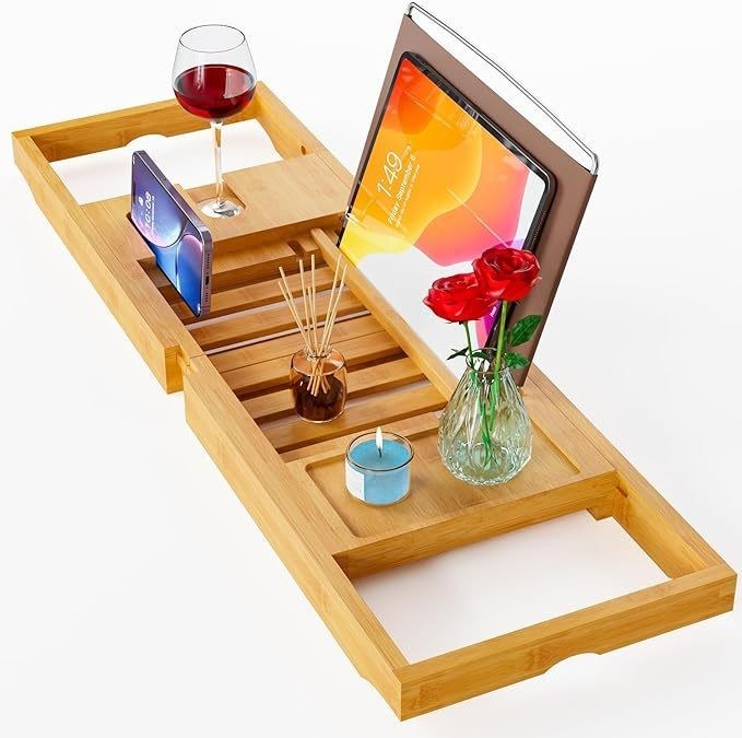 Uitbreidbare houten badbak tray caddy met boek en telefoon houder Custom logo Acceptabel