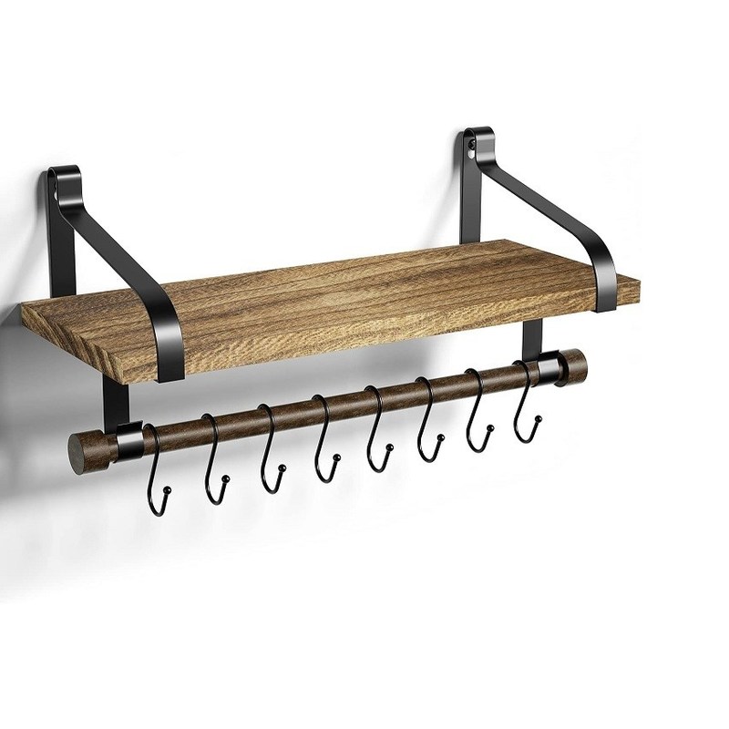 Rustieke hout 8 Afneembare haakjes Wand Drijvende planken Keuken Spice Rack met handdoek