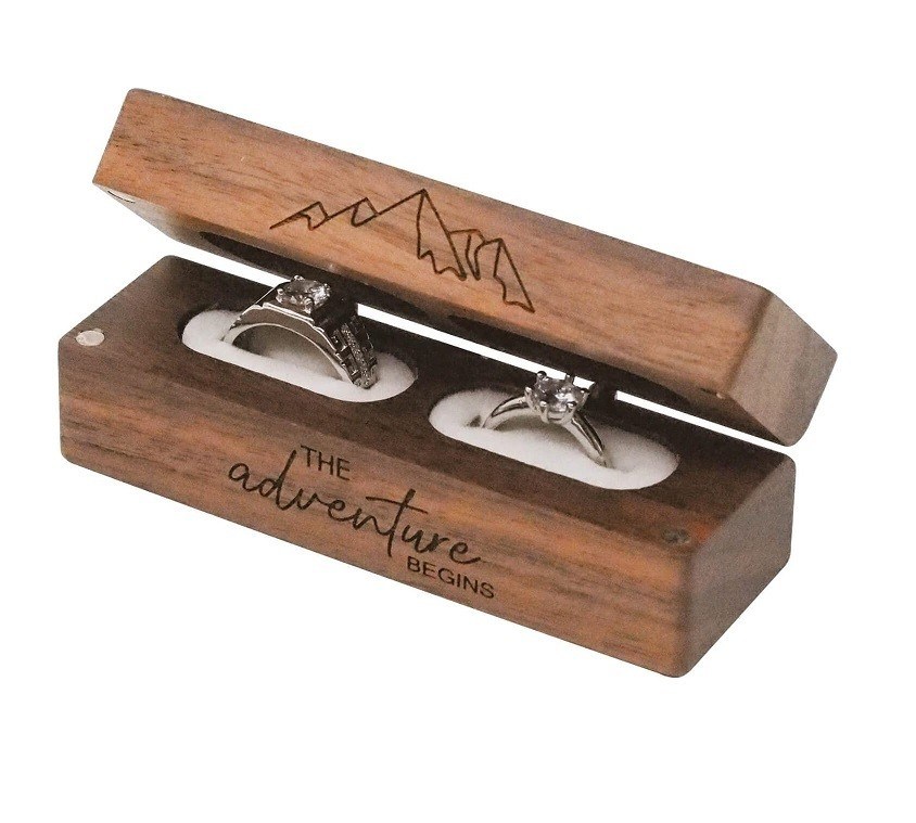 Rustieke Vintage Massivhouten rechthoekige sieradenopslag 2 Ringbox met TIMBER-gravering