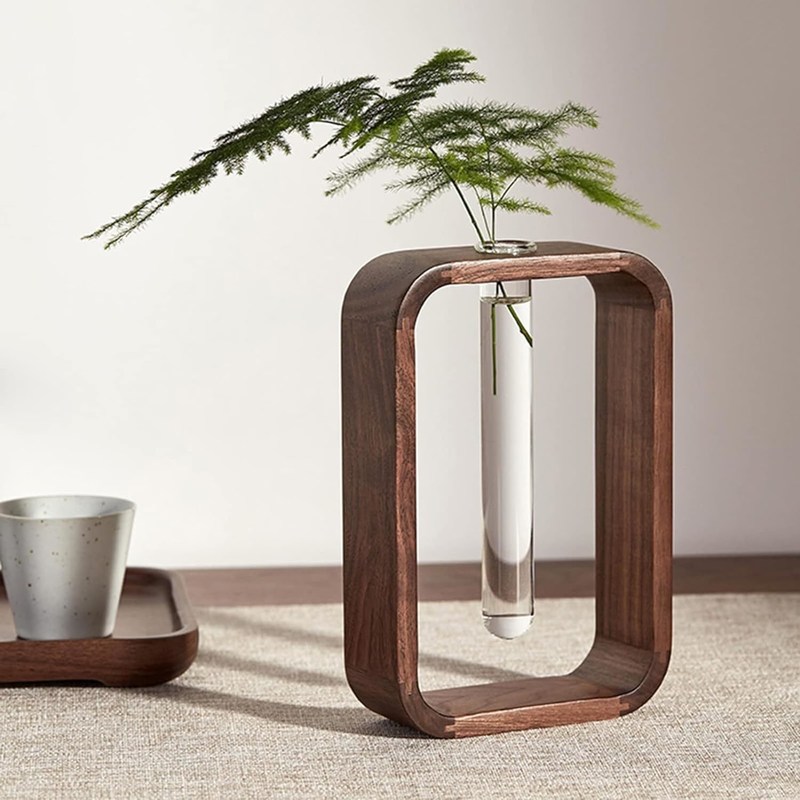Tuinplant Decoratie Doorzichtige glazen vaas Plantenhouder Kleine grootte Walnoot Rechthoekig Houten raam Bloemenstand Tafel
