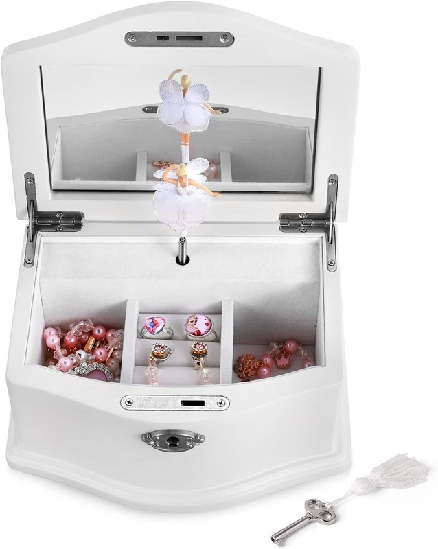 Middelgrote witte houten ballerina juwelendoos met spiegel voor gepersonaliseerde organisatie