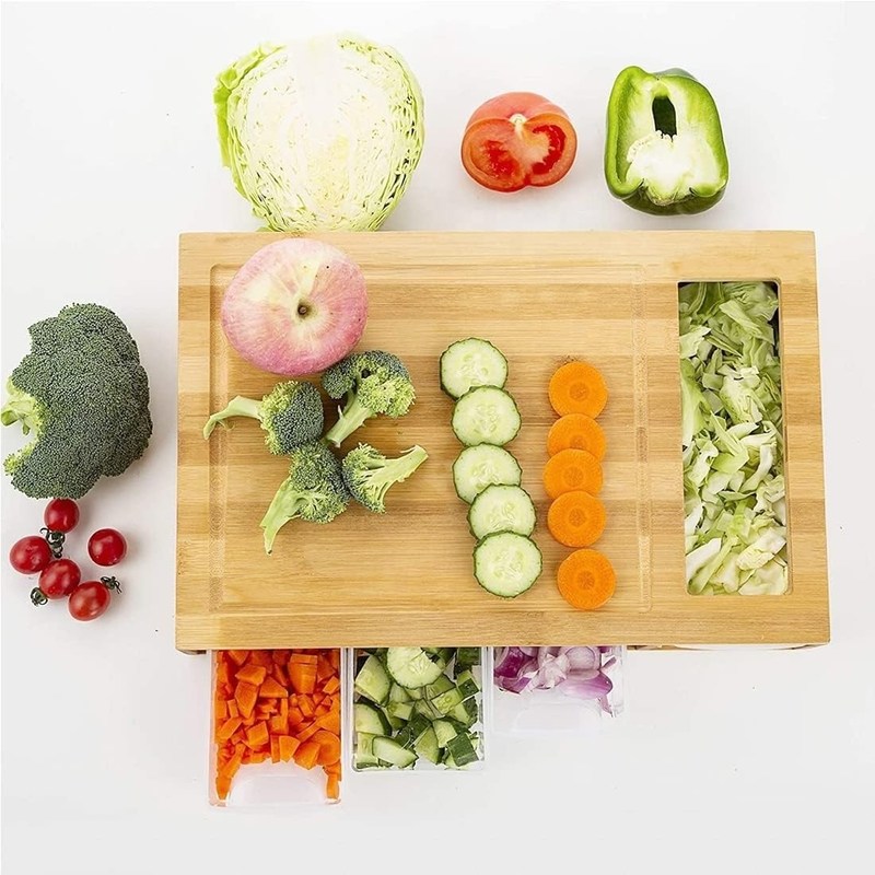 Rectangular bamboe snijplank met 4 container tray Keuken Houten hakplank