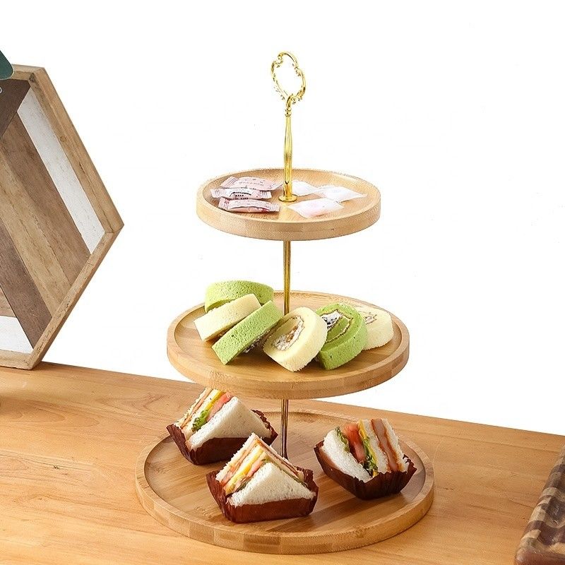 Custom Grootte 3 laag Bamboe Cupcake Stand voor feest Fruit Snacks Serveren Tray OEM ODM