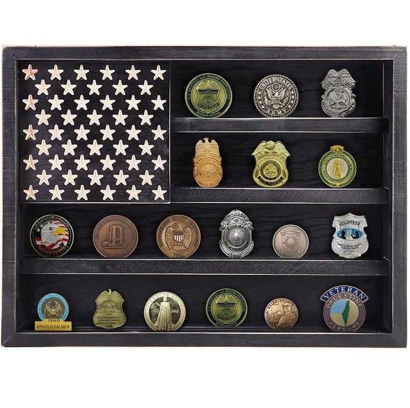 Gouvernementele militaire uitdaging Muntrek Display met houten Amerikaanse vlag muur decor