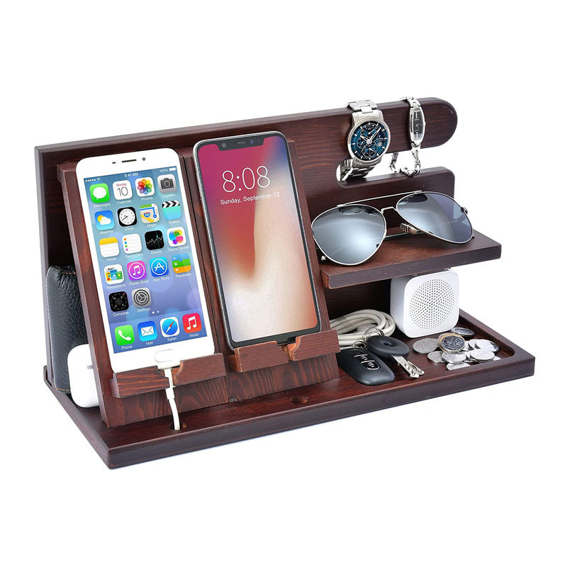 Gepersonaliseerd logo Houten telefoonstand organisator voor mannen Portemonnee horloge Docking Station