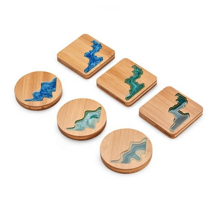 10cm Live Edge Bamboe Vierkante Hars Houten Epoxy Hout Coaster Hars Rivier Blauw Smaragd