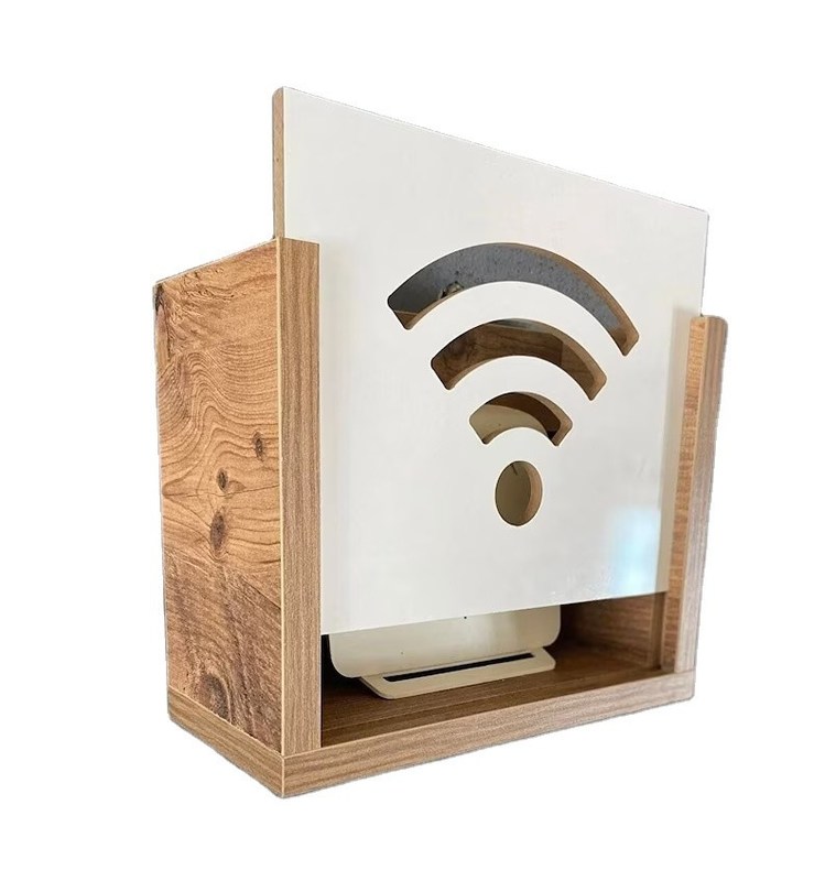 Verbrandde muur gemonteerde router verbergen internetmodem opslag met houten decoratieve wifi box