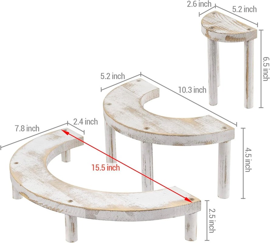 Gemaakte houten witgekalkte 3-delige set voor halfcirkel cupcake stand en display riser