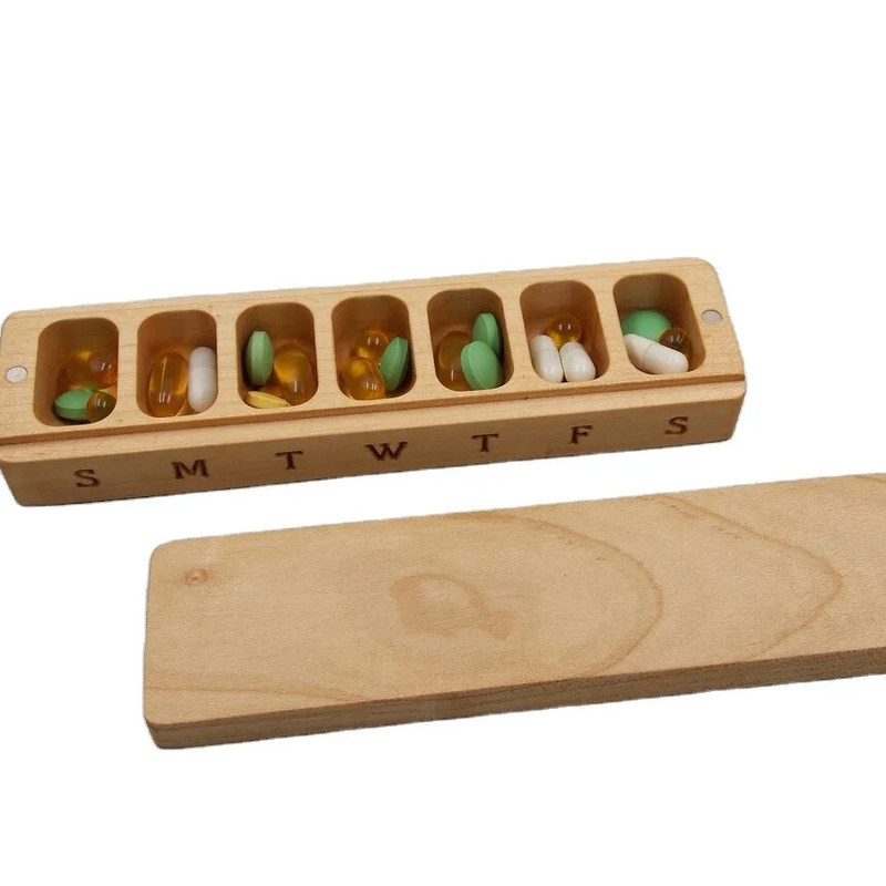 Mini Houten Doos Draagbare Geneesmiddelen Container 7 Dag Pill Case Organisator Natuur Ornament