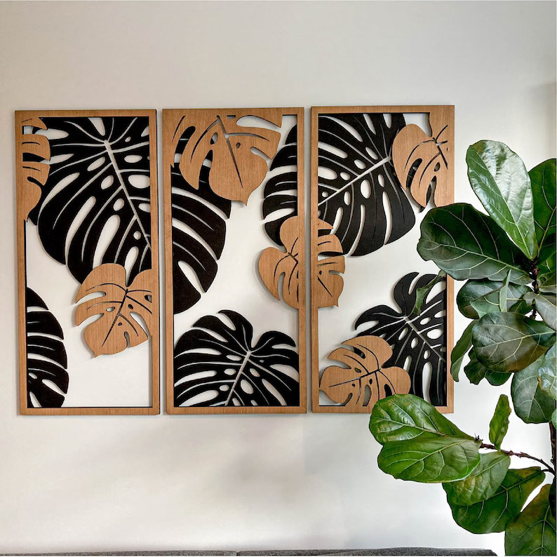 Aanpasbare Monstera-decoratie in 3 panelen Houten kaders inbegrepen voor plantmuurkunst