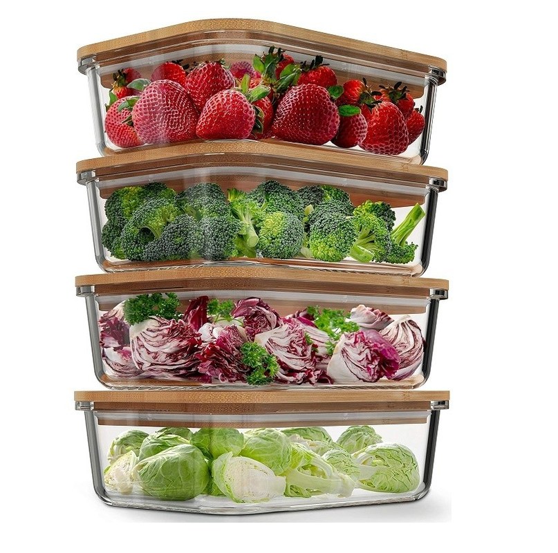 Behoorlijke 4 pak glas voedselopslagcontainers met bamboe deksels gemakkelijk open ontwerp