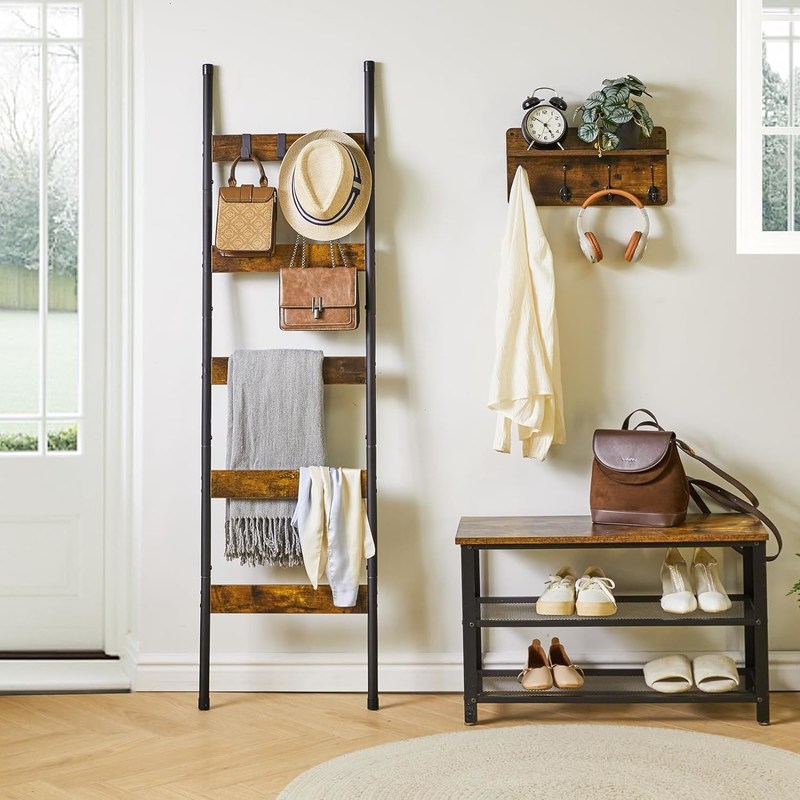 202405 Badkamer dekens Ladders Wand leunende metalen houder Rack met haken en drukwerk verbrand