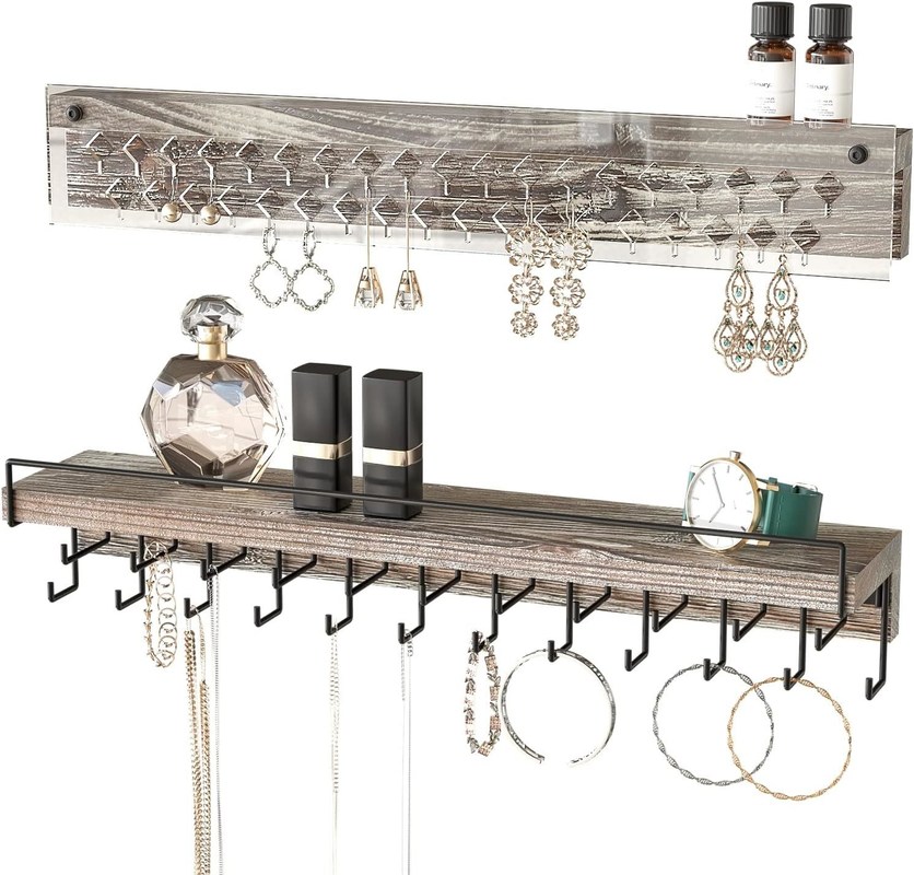 Custom rustieke boerderij Hout oorbel display en heldere acryl halsketting muur berg houder