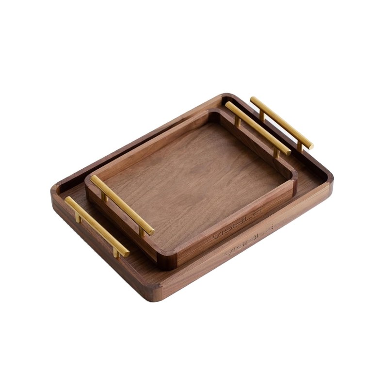 Rustieke messing handgrepen Walnoot Houten koffietafel bedieningsbak voor desserts Cake thee kopjes handgemaakt