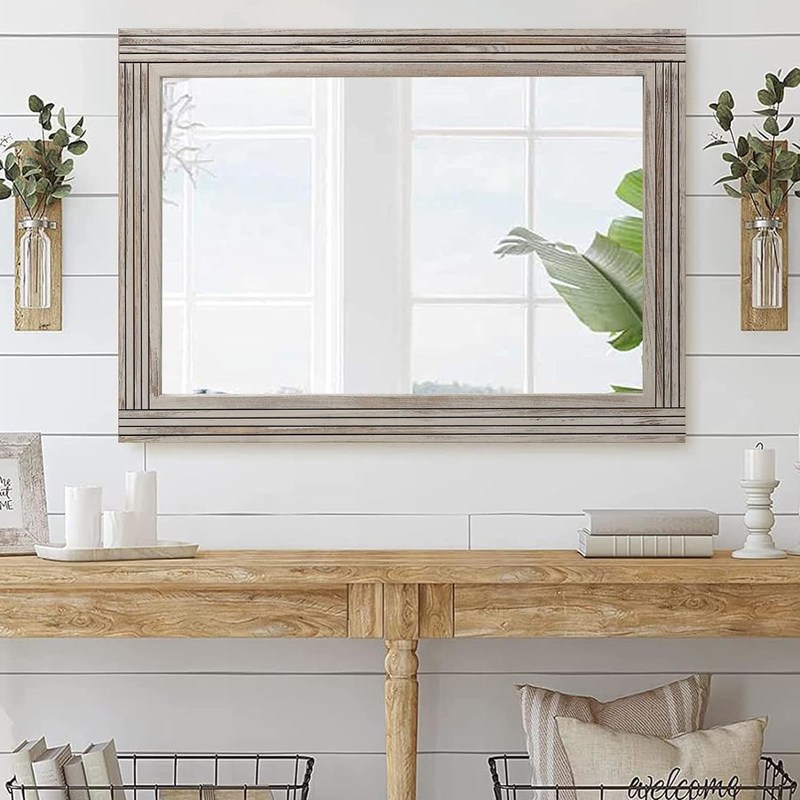 Houten splitsingswandspiegel voor badkamer Solid houten frame Rustieke boerderij ijdelheid spiegel