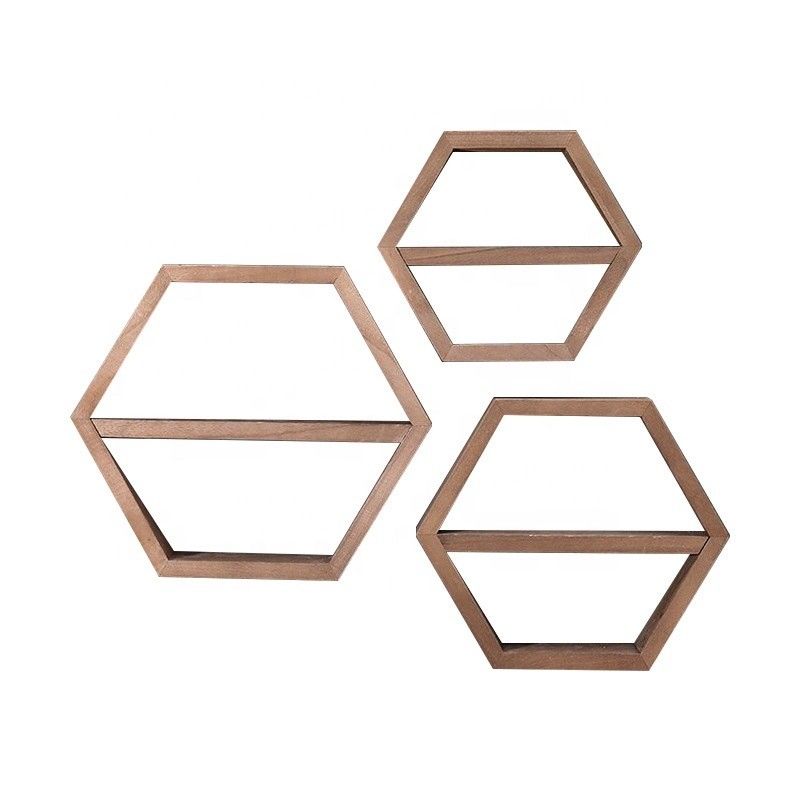 Geometrische zeshoekvormige houten wandenplanken voor een moderne eenvoudige kantoororganisator