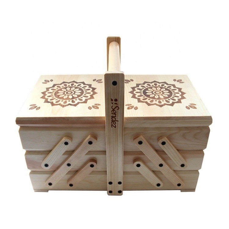 3 tier opvouwbare kantelblader naadopslagdoos met handvat 38x23,5x30cm verbrand afwerking