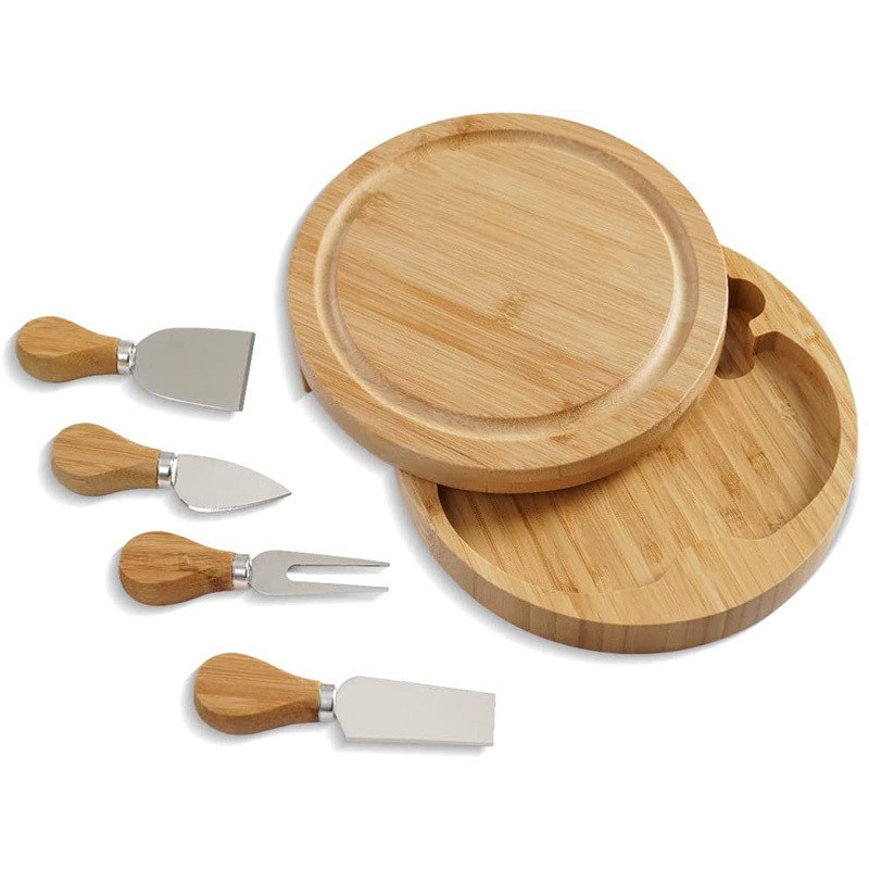 Bamboe Kaasbord met aangepast logo en 4 Stainless Steel Snijmessen aangepaste grootte