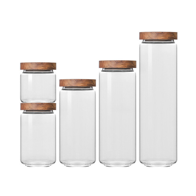 Op maat gemaakte capaciteit voorraad verzegeld helder rond borosilicaat glas verpakkingscontainers pot met houten deksel