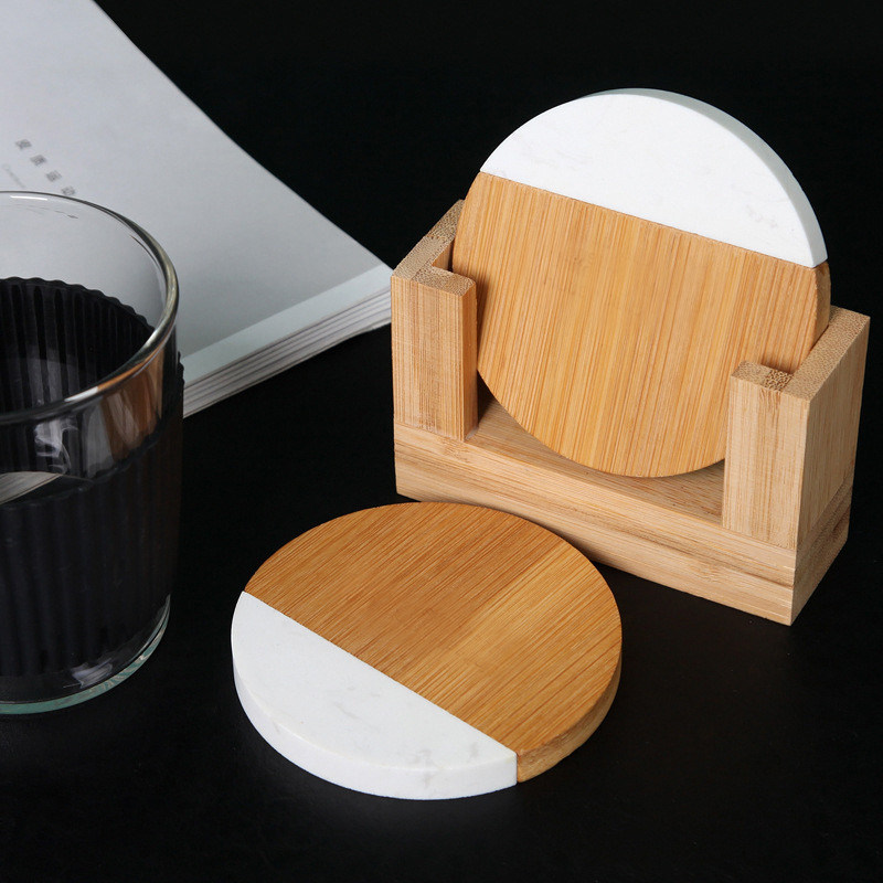 4 inch Acacia Hexagon Geometrisch Ronde Hout En Marmer Houten Witte Cork Coasters Plaat Set
