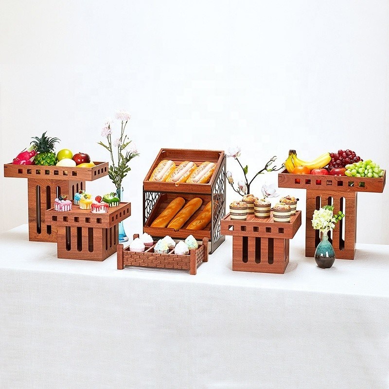 Sapele Hout Buffet Catering Voedsel Brood Display Rack Houten Taart Dessert Sushi Display Stand