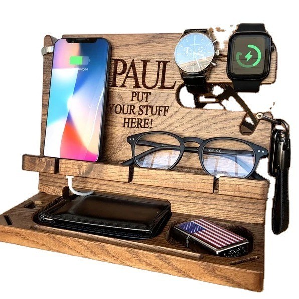 Silk-screen gedrukt houten dokstation voor mannen telefoon portemonnee en sleutel Ideale organisator