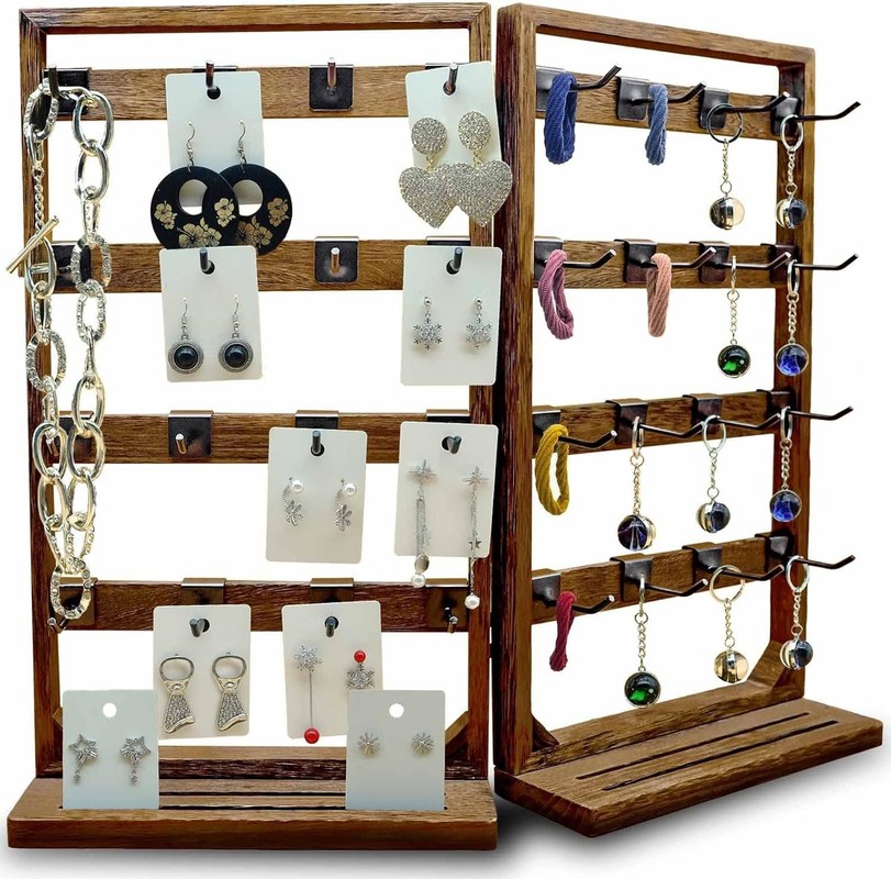 Hoofd thema Houten vouwbare sieraden display stand met verwijderbare 32 haakjes en ring tray