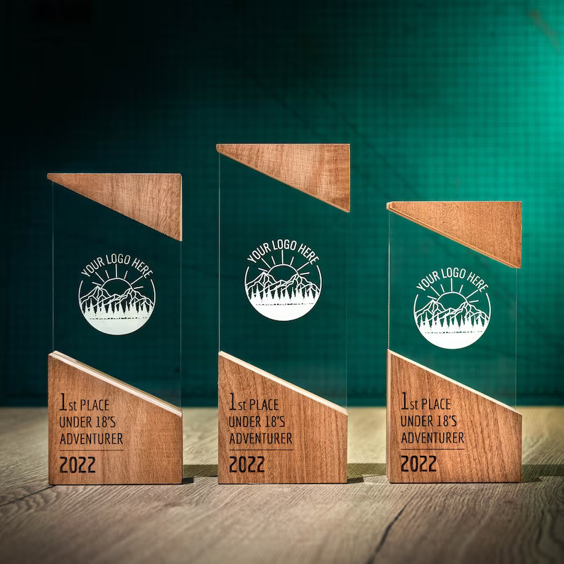 Moderne plaque hout loopt uniek ontwerp gepersonaliseerde houten acryl RISE Trophy Award