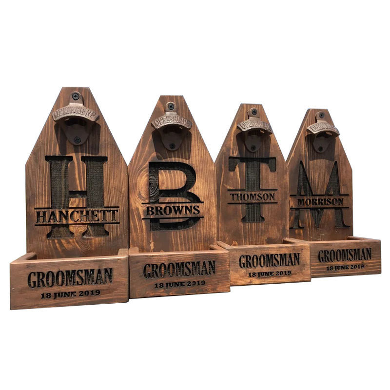 Gepersonaliseerde Houten Wand Montage Bier Fles Opener Voor Bruiloft Bruidegom Gift